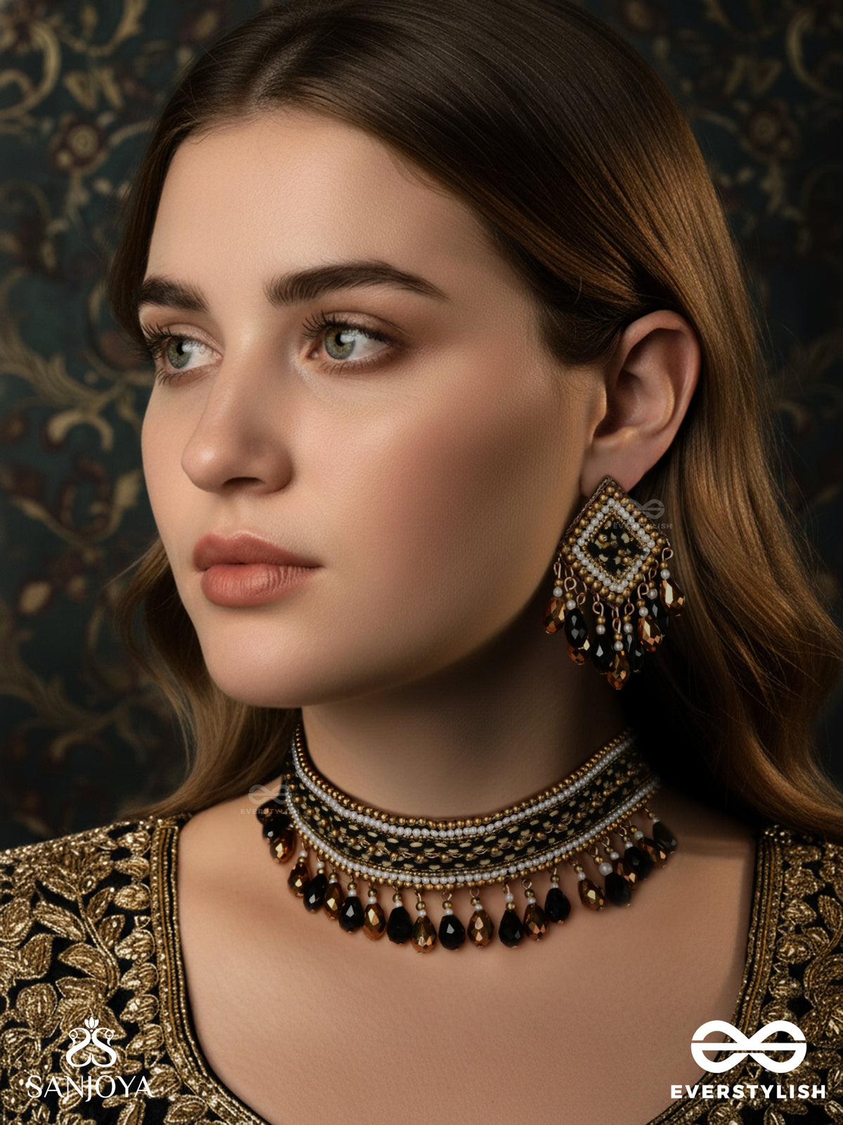 Nishakanta - The Beloved Of Night - Beads And Glass Drops Hand Embroidered Set With Choker Neckpiece & Earrings