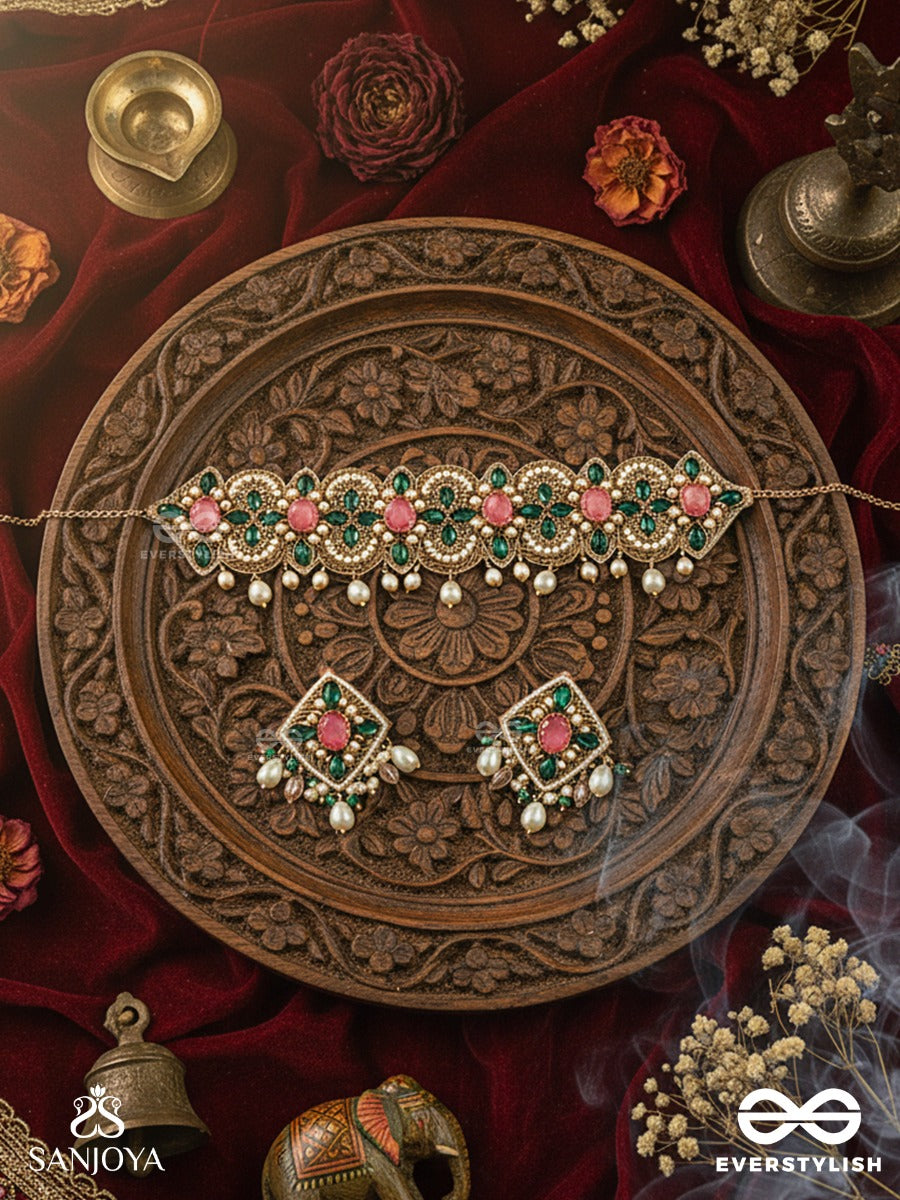 Nalikini - The Emerald Bloom - Stone, Beads And Pearl Drops Hand Embroidered Set With Choker Neckpiece & Earrings