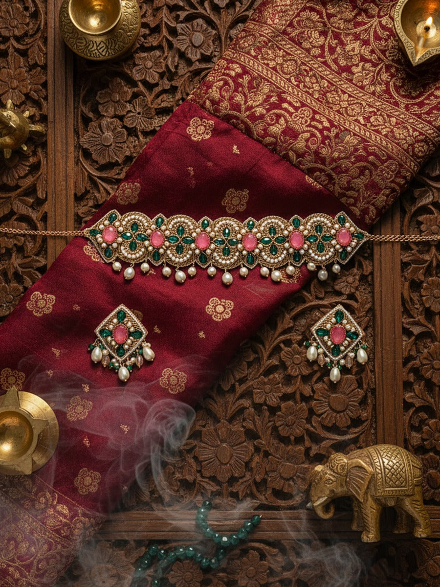 Nalikini - The Emerald Bloom - Stone, Beads And Pearl Drops Hand Embroidered Set With Choker Neckpiece & Earrings