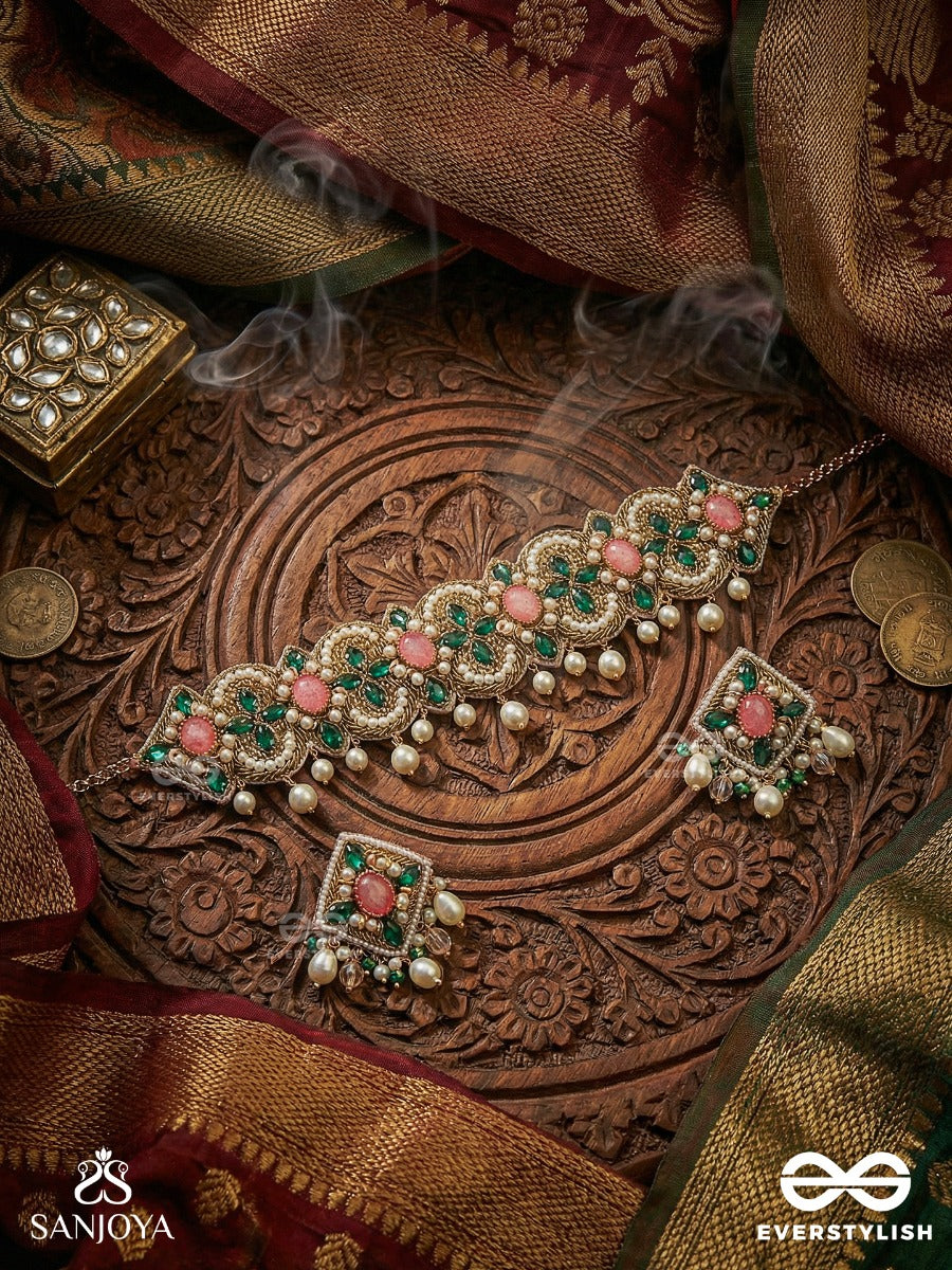 Nalikini - The Emerald Bloom - Stone, Beads And Pearl Drops Hand Embroidered Set With Choker Neckpiece & Earrings