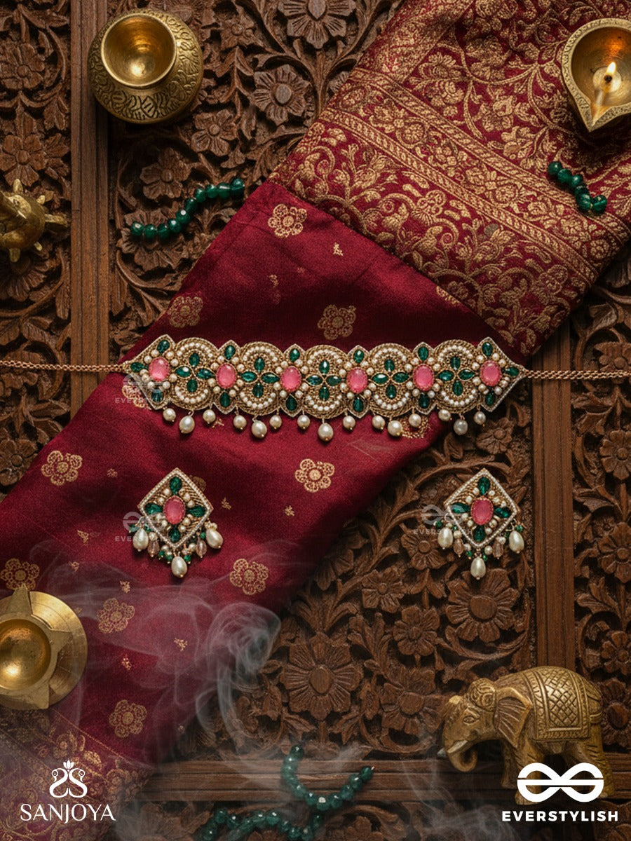 Nalikini - The Emerald Bloom - Stone, Beads And Pearl Drops Hand Embroidered Set With Choker Neckpiece & Earrings