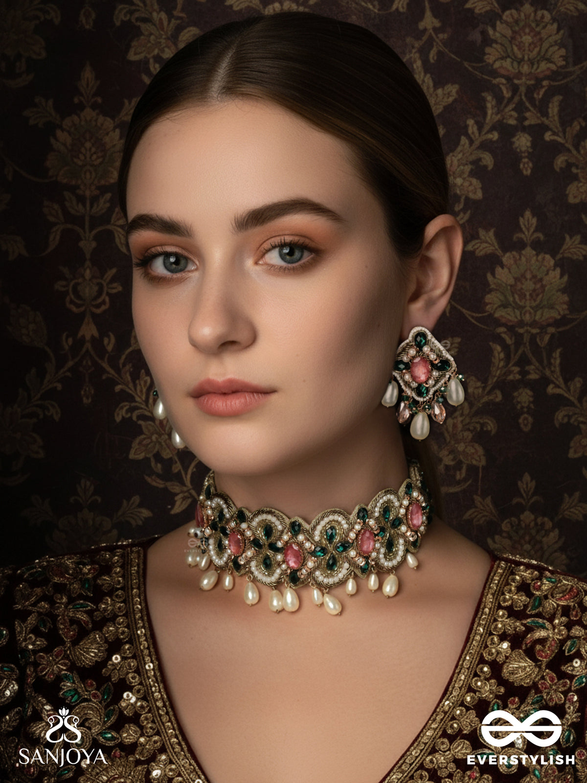 Nalikini - The Emerald Bloom - Stone, Beads And Pearl Drops Hand Embroidered Set With Choker Neckpiece & Earrings