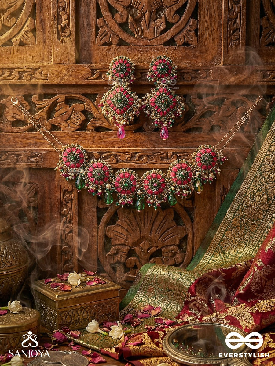 Sankirnau - The Floral Vine - Resham, Beads, Sequins And Glass Drops Hand Embroidered Set With Choker Neckpiece & Earrings
