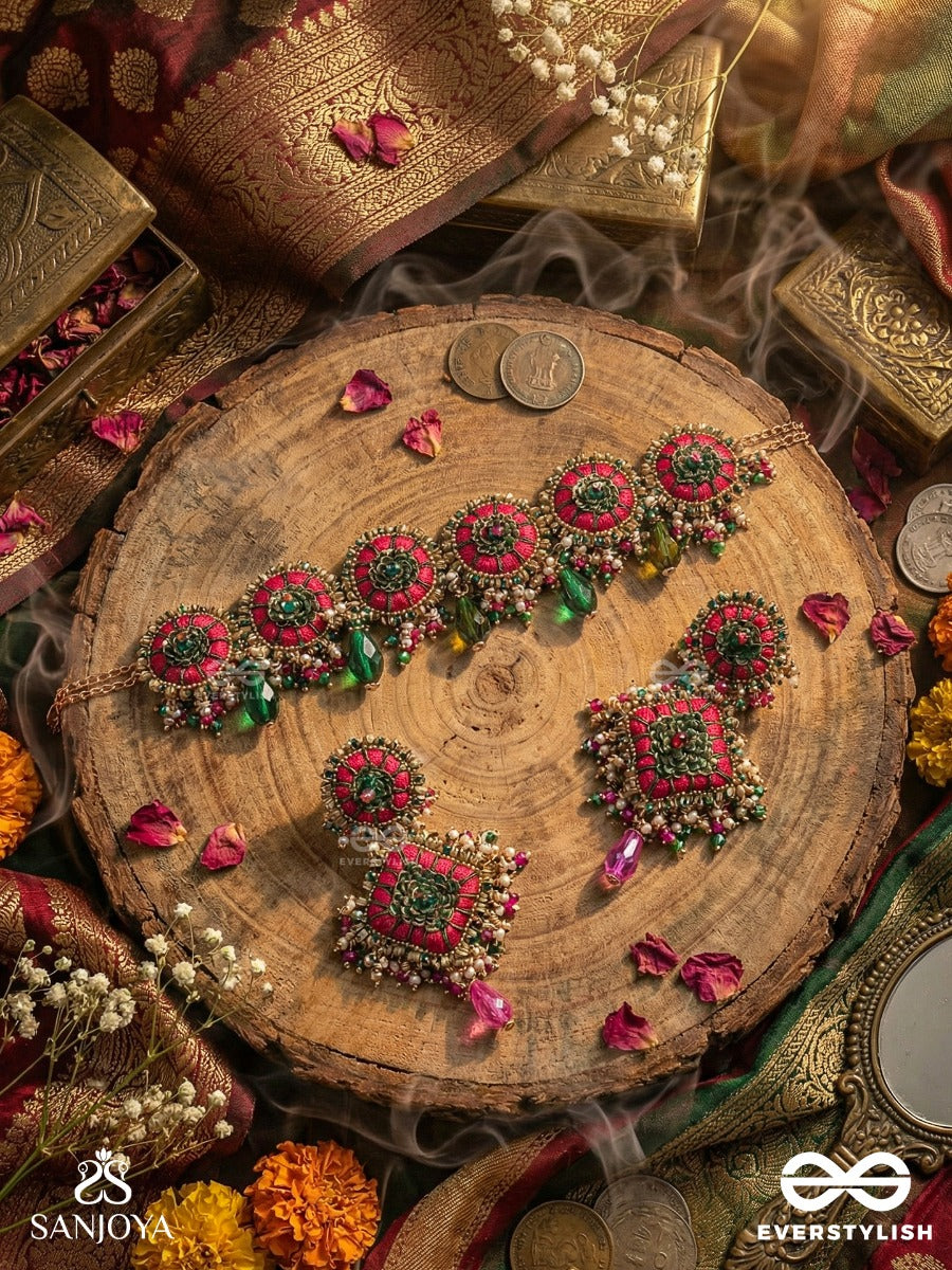 Sankirnau - The Floral Vine - Resham, Beads, Sequins And Glass Drops Hand Embroidered Set With Choker Neckpiece & Earrings