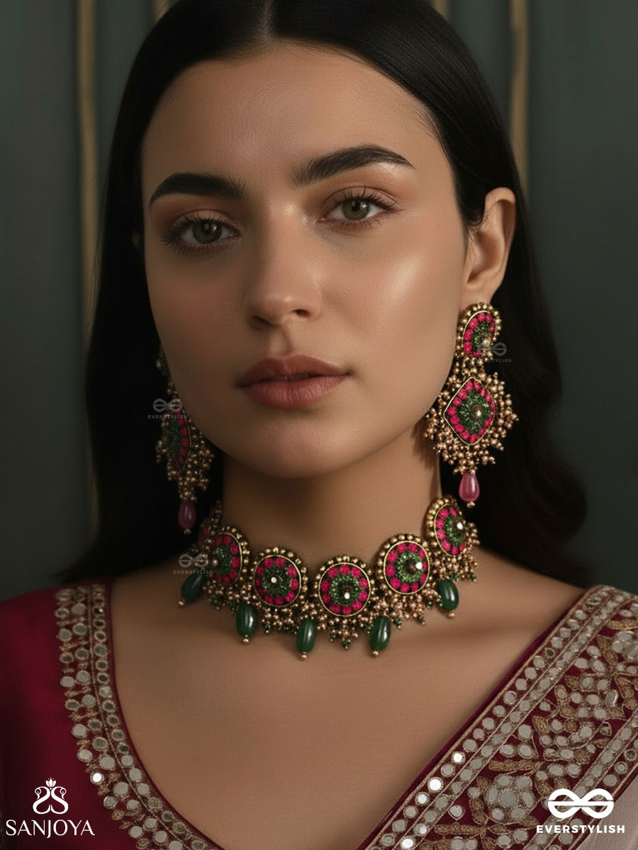 Sankirnau - The Floral Vine - Resham, Beads, Sequins And Glass Drops Hand Embroidered Set With Choker Neckpiece & Earrings