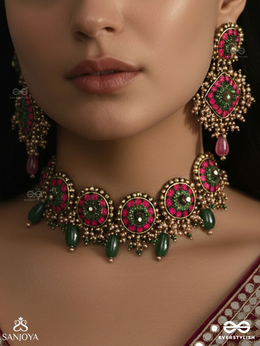 Sankirnau - The Floral Vine - Resham, Beads, Sequins And Glass Drops Hand Embroidered Set With Choker Neckpiece & Earrings