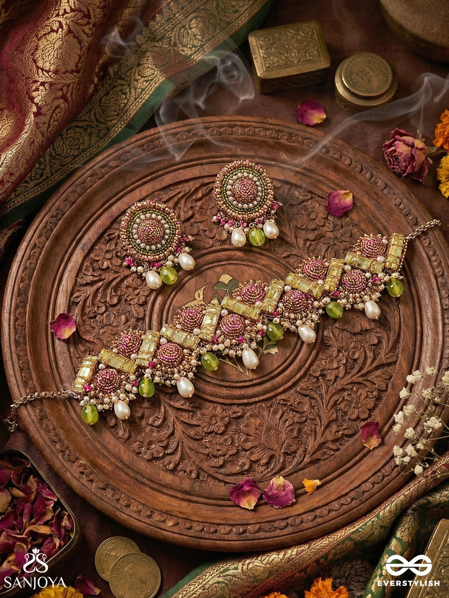 Manimekhala - Bejewelled Girdle-Choker Neckpiece & Earrings Set Adorned With Pink And Gold Gemstones, Beads And Delicate Pearl Drops.