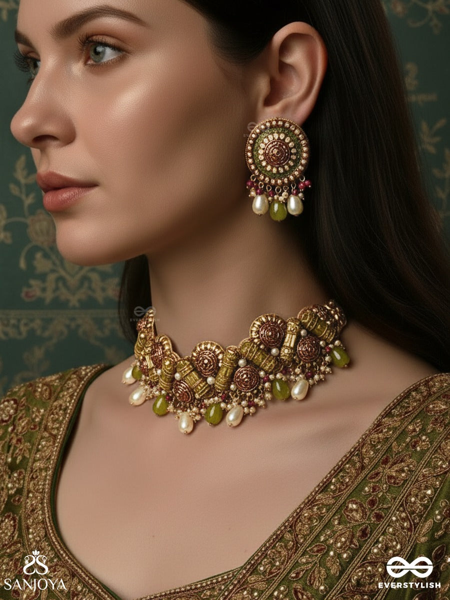 Manimekhala - Bejewelled Girdle-Choker Neckpiece & Earrings Set Adorned With Pink And Gold Gemstones, Beads And Delicate Pearl Drops.
