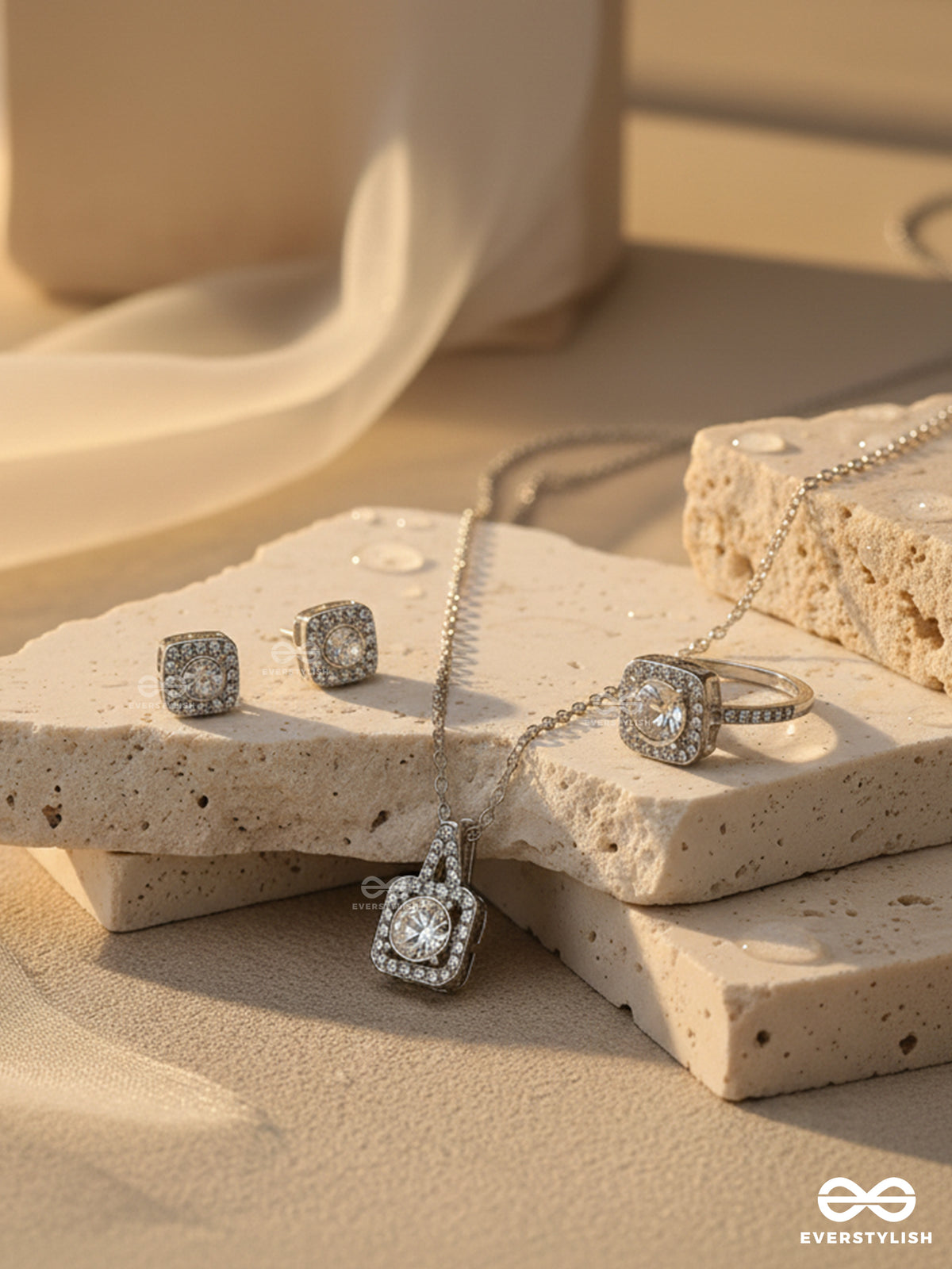 Celestial Gleam- Modern Glamour Rhinestone Set With Neckpiece, Earrings And Ring