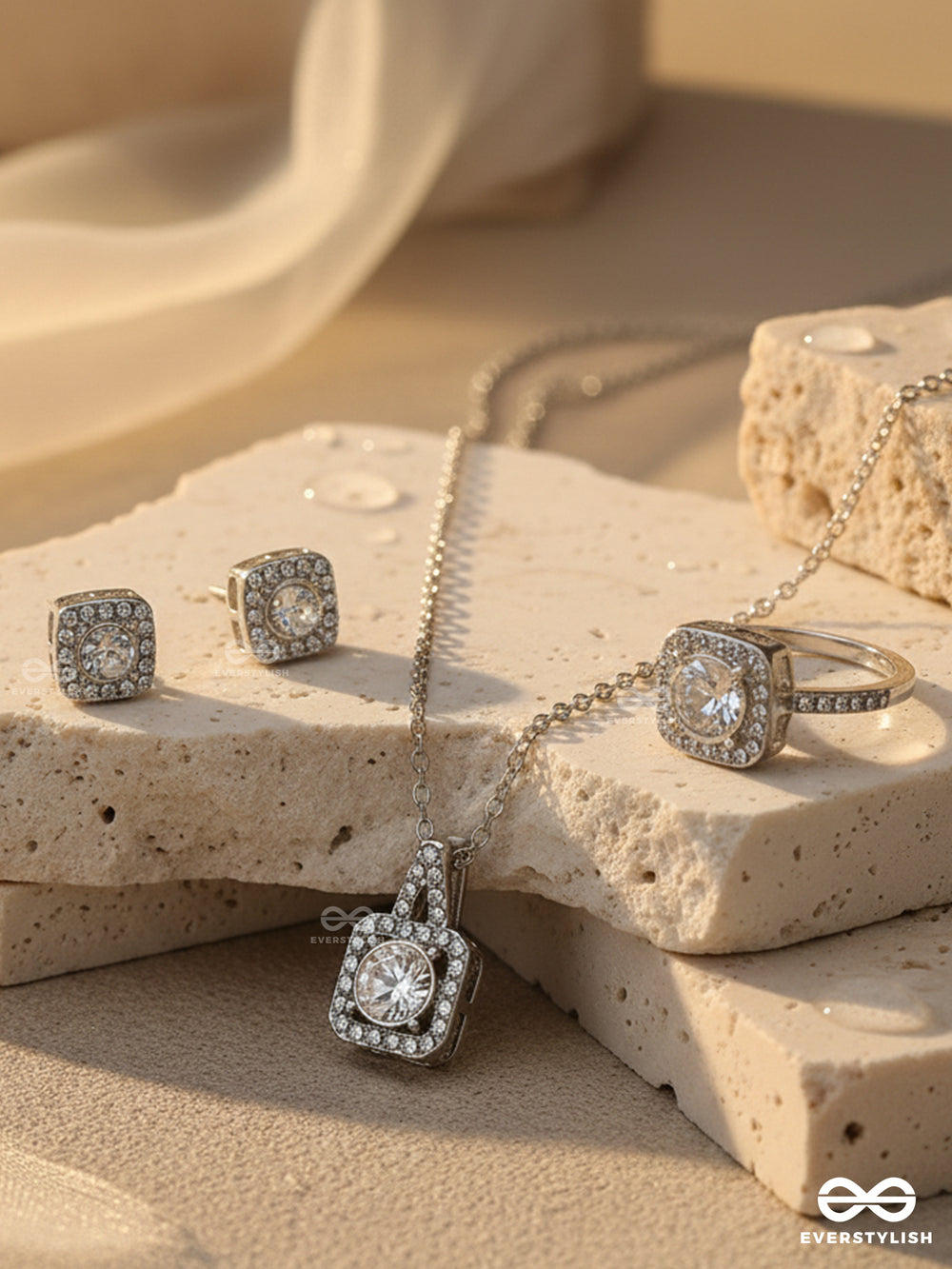 Celestial Gleam- Modern Glamour Rhinestone Set With Neckpiece, Earrings And Ring
