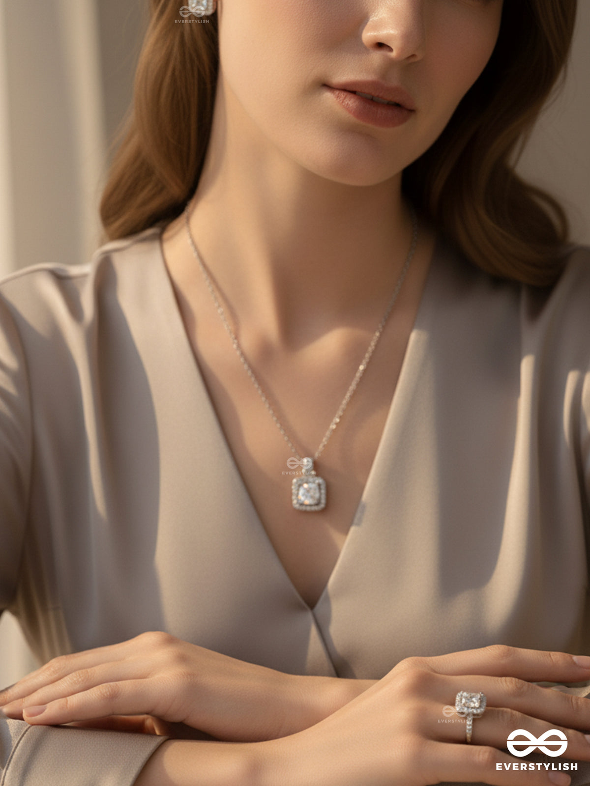 Celestial Gleam- Modern Glamour Rhinestone Set With Neckpiece, Earrings And Ring