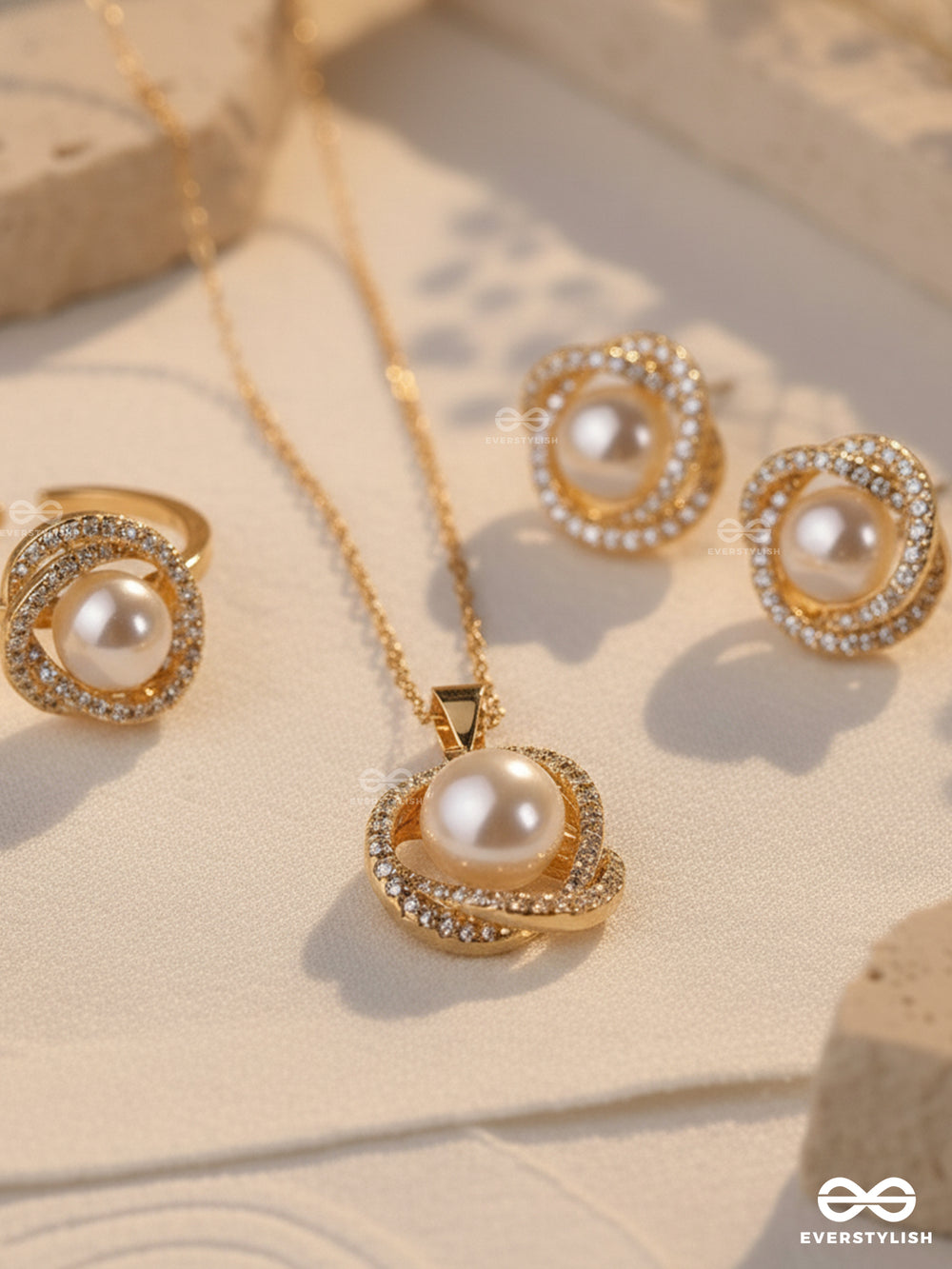 Serene Pearl- Radiant Pearls With A Timeless Rhinestone Set With Neckpiece, Earrings And Ring