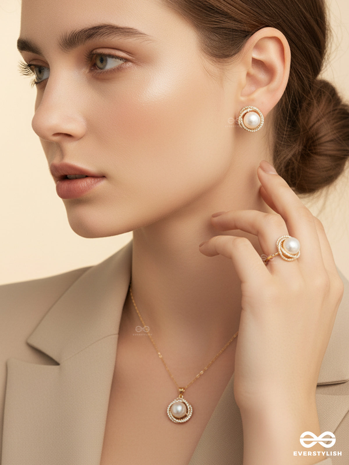 Serene Pearl- Radiant Pearls With A Timeless Rhinestone Set With Neckpiece, Earrings And Ring