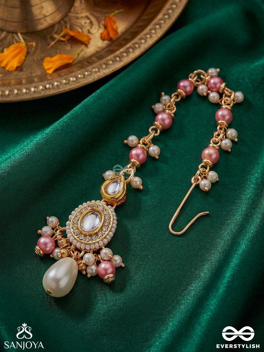 Divyamukuta - Divine Ornament - Pearls And Beads Hand Embroidered Maang Tika (Pink & White)
