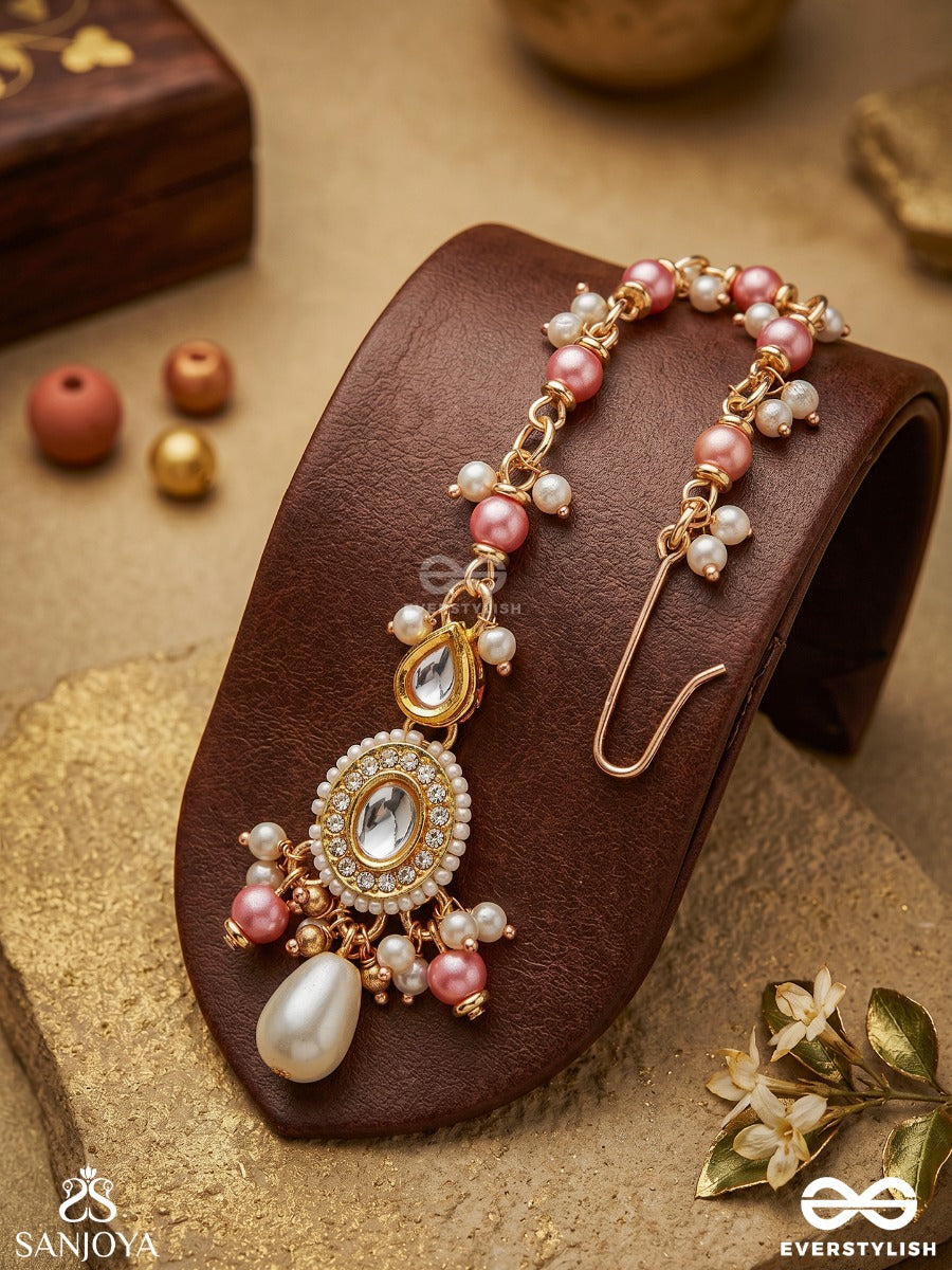 Divyamukuta - Divine Ornament - Pearls And Beads Hand Embroidered Maang Tika (Pink & White)