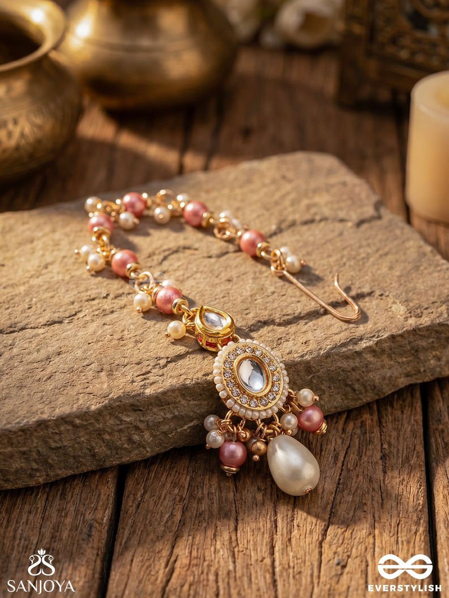 Divyamukuta - Divine Ornament - Pearls And Beads Hand Embroidered Maang Tika (Pink & White)