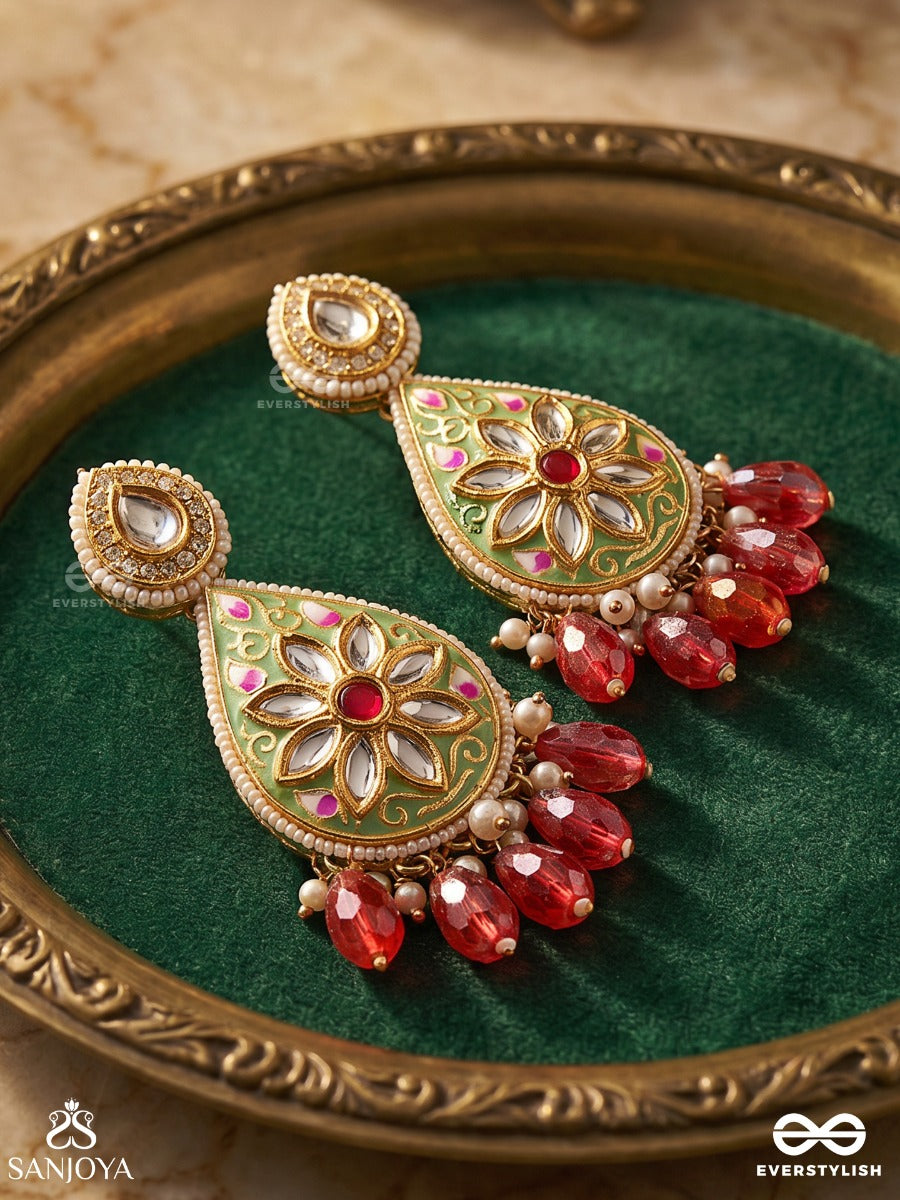 Arunodaya - Dawn's Beauty - Stones, Glass Drops And Pearls Kundan Hand Embroidered Earrings