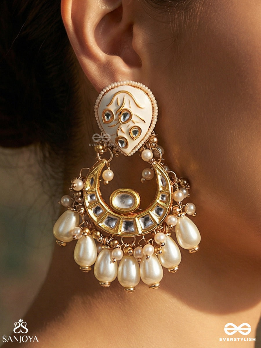 Gaurangi - Radiant Fair Beauty - Ornate Earrings With Crescent Form, Enamelled Detailing And Dangling Pearl Accents