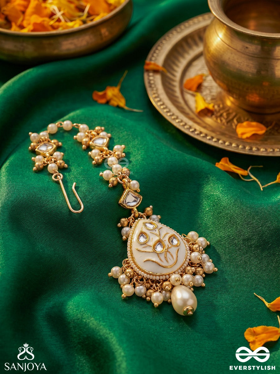 Gaurangi - Radiant Fair Beauty - Delicate Maangtika With Embellished Pendant, Gemmed Elements And Pearl Drop Detail