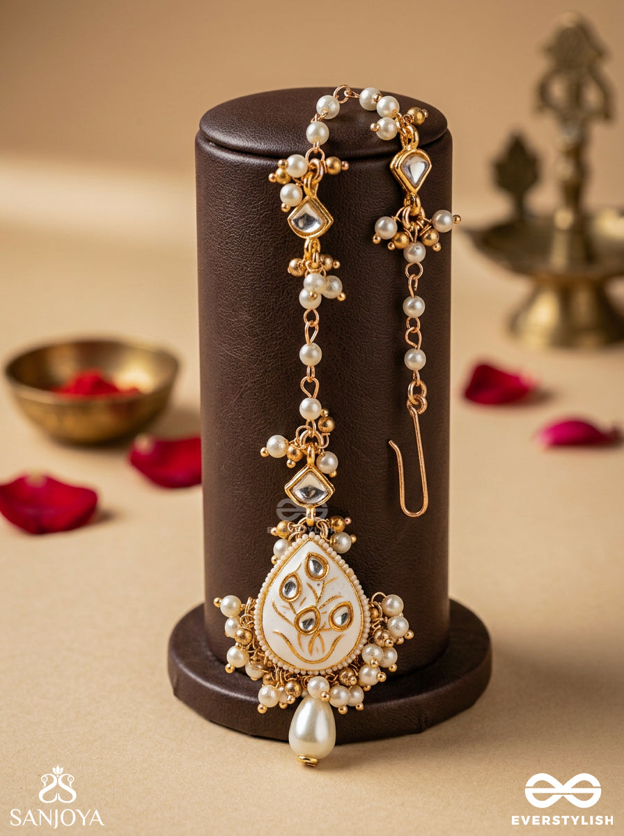 Gaurangi - Radiant Fair Beauty - Delicate Maangtika With Embellished Pendant, Gemmed Elements And Pearl Drop Detail