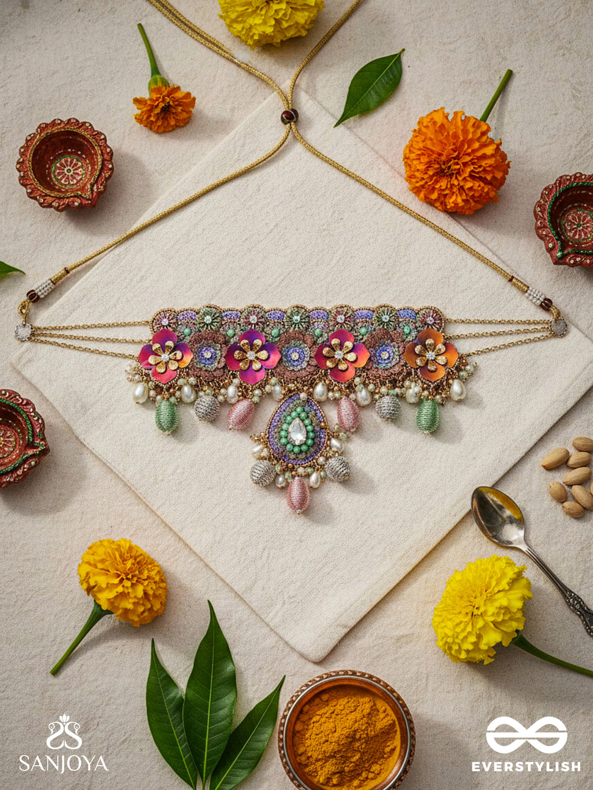Rangolika - A Canvas Of Colors - Enamel Florals, Pearls And Beads Hand Embroiderd Choker Necklace