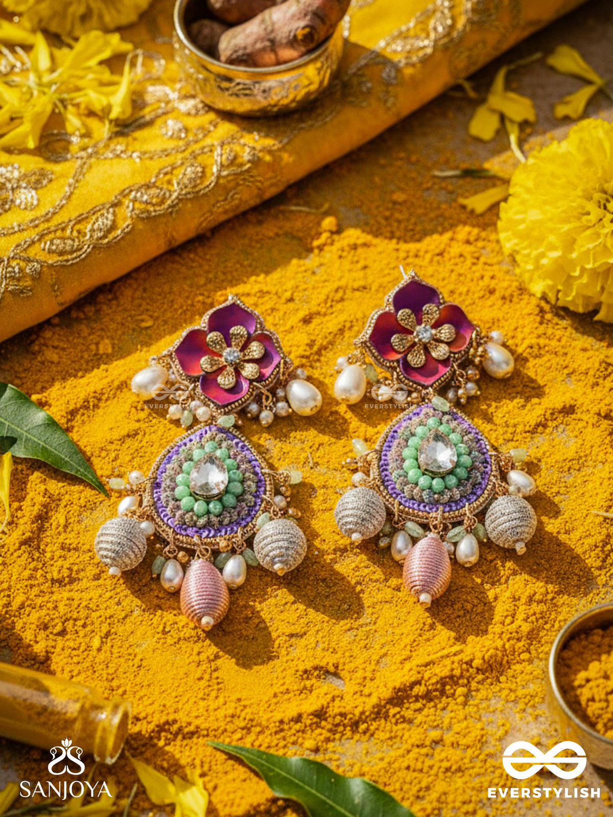 Rangolika - A Canvas Of Colors - Enamel Flowers, Beads And Pearls Hand Embroiderd Earrings