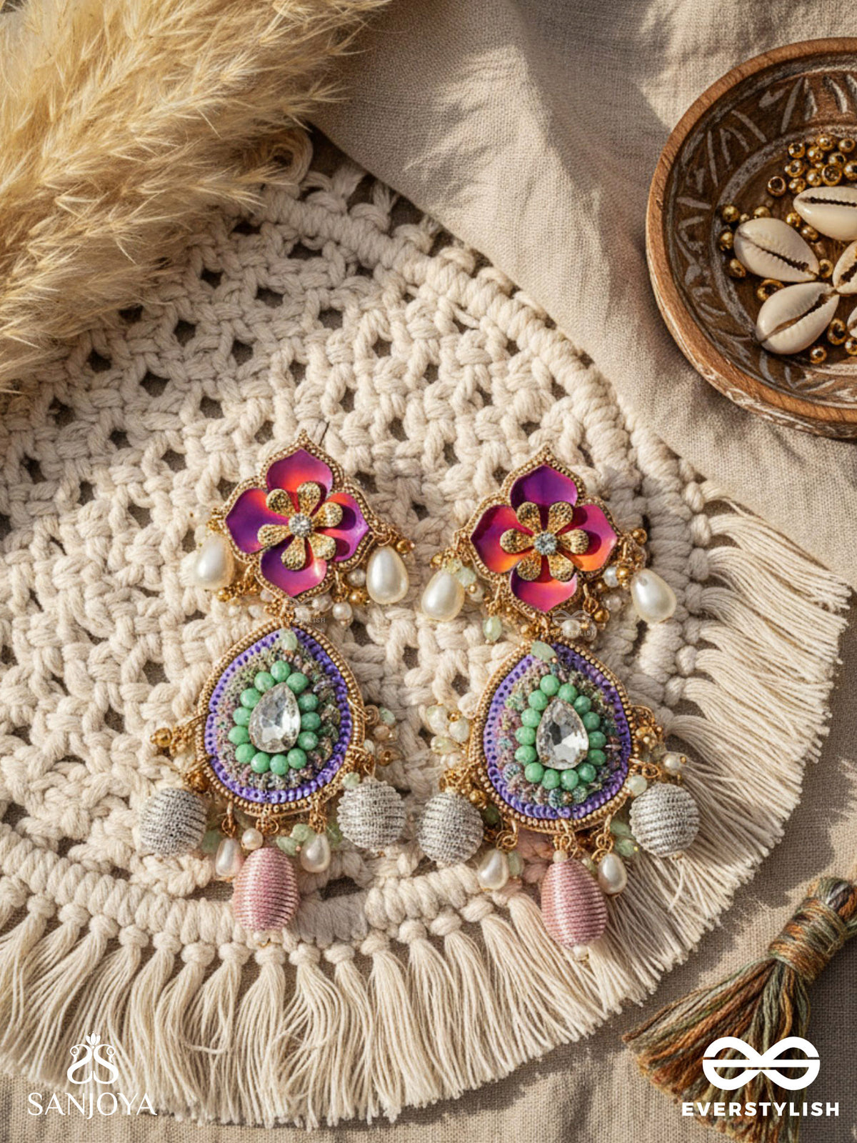 Rangolika - A Canvas Of Colors - Enamel Flowers, Beads And Pearls Hand Embroiderd Earrings