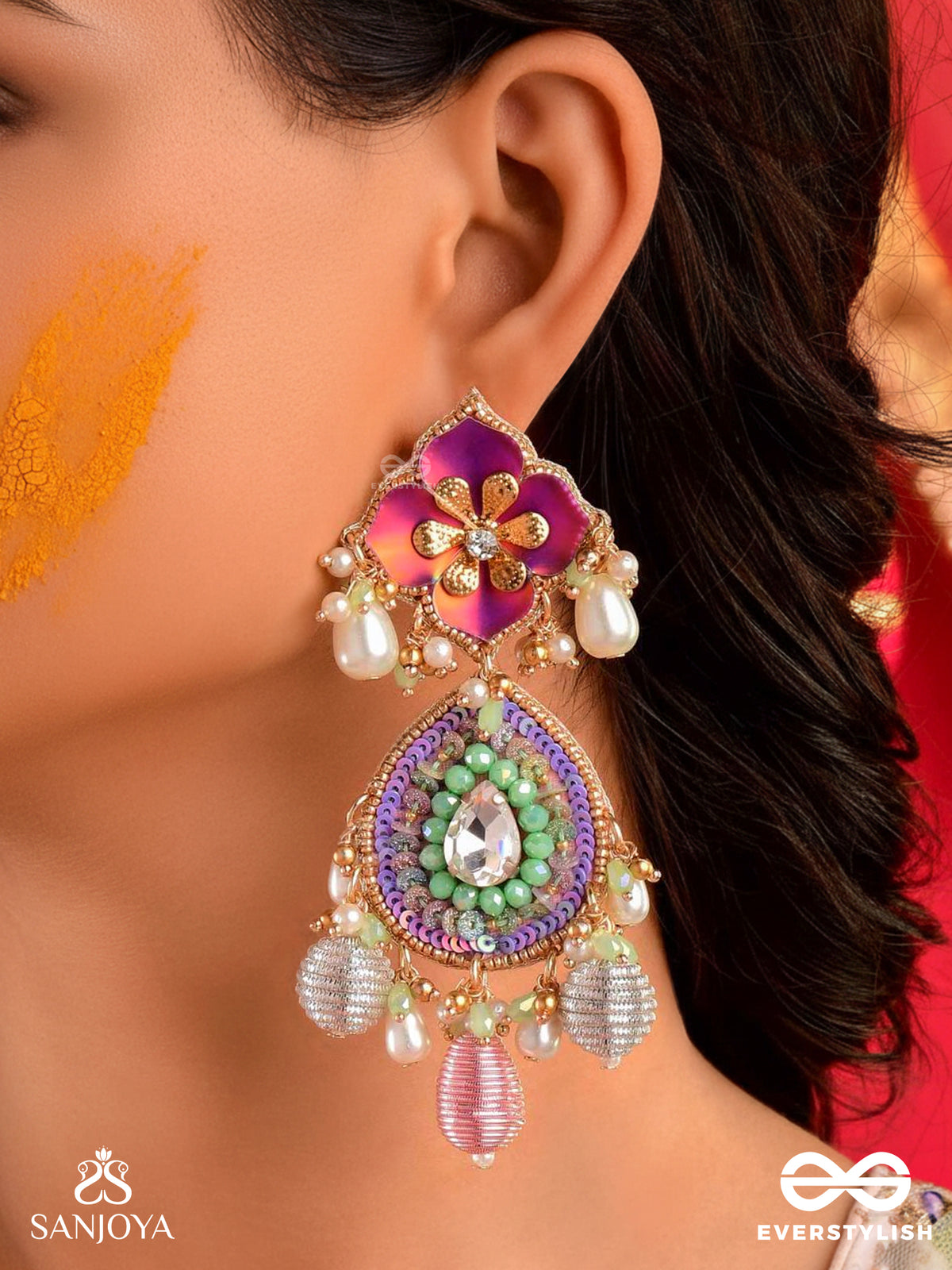 Rangolika - A Canvas Of Colors - Enamel Flowers, Beads And Pearls Hand Embroiderd Earrings