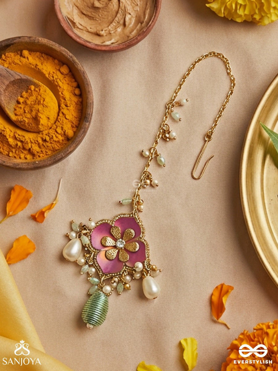 Rangolika - A Canvas Of Colors - Enamel Flower, Pearls And Glass Drops Hand Embroiderd Maangtika