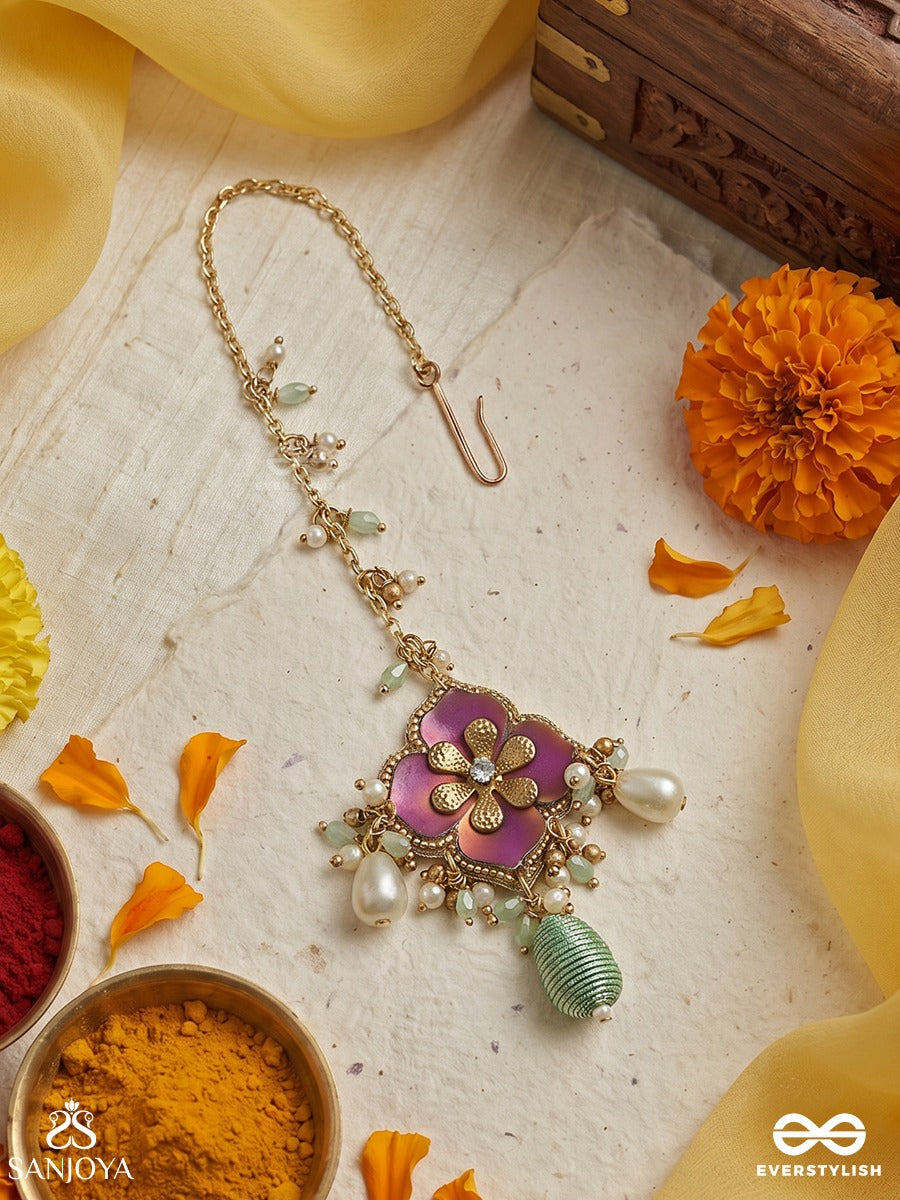 Rangolika - A Canvas Of Colors - Enamel Flower, Pearls And Glass Drops Hand Embroiderd Maangtika