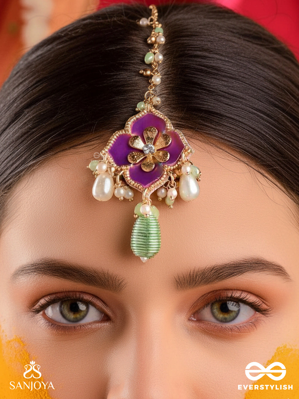 Rangolika - A Canvas Of Colors - Enamel Flower, Pearls And Glass Drops Hand Embroiderd Maangtika