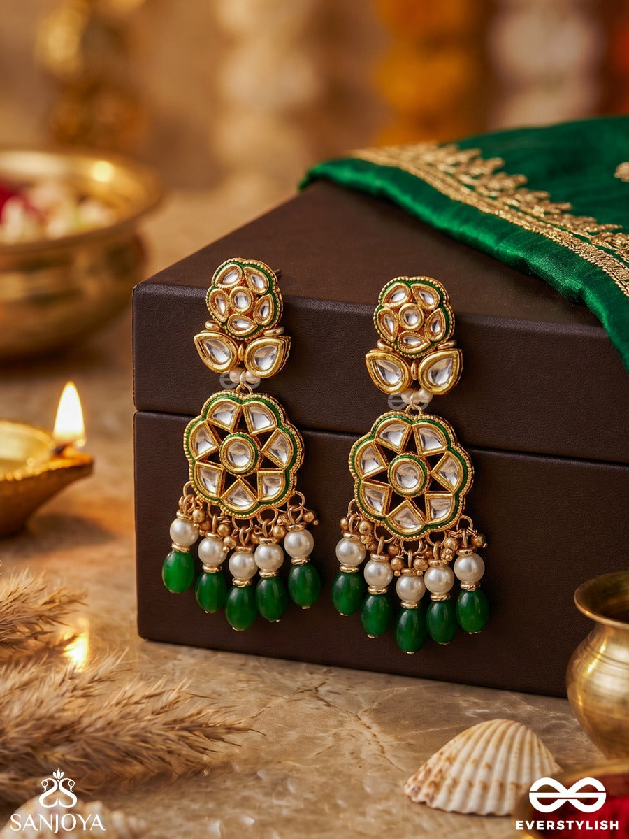 Parnapriya - Lover Of Leaves - Floral Kundan Design With Green Beads And Pearl Drops Hand Embroiderd Earrings