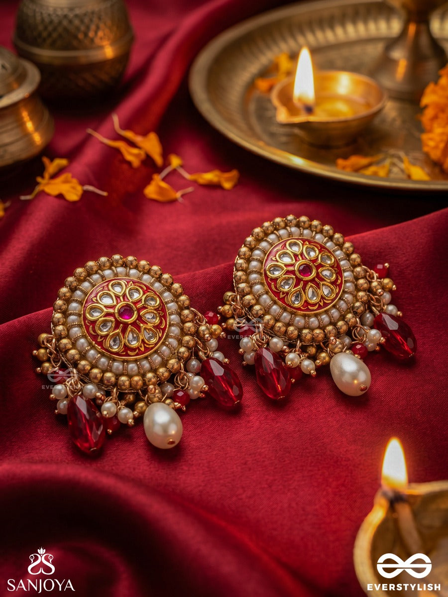 Kusumavali - Row Of Flowers - Stones, Pearls And Red Beads Kundan Hand Embroidered Earrings