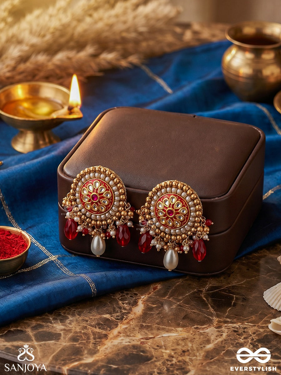 Kusumavali - Row Of Flowers - Stones, Pearls And Red Beads Kundan Hand Embroidered Earrings