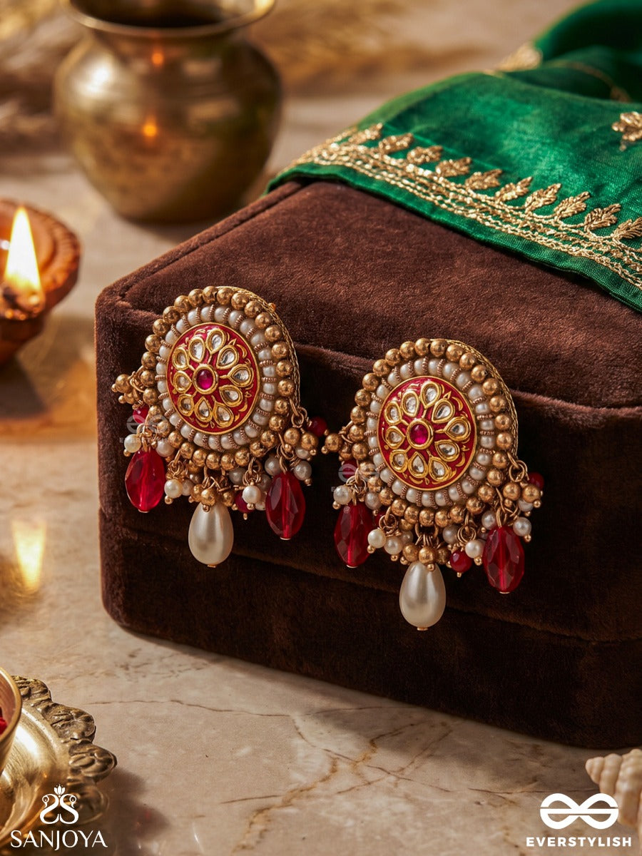 Kusumavali - Row Of Flowers - Stones, Pearls And Red Beads Kundan Hand Embroidered Earrings