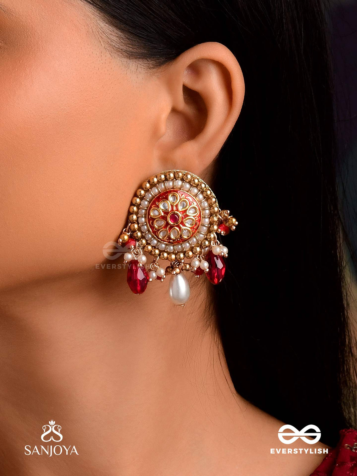 Kusumavali - Row Of Flowers - Stones, Pearls And Red Beads Kundan Hand Embroidered Earrings