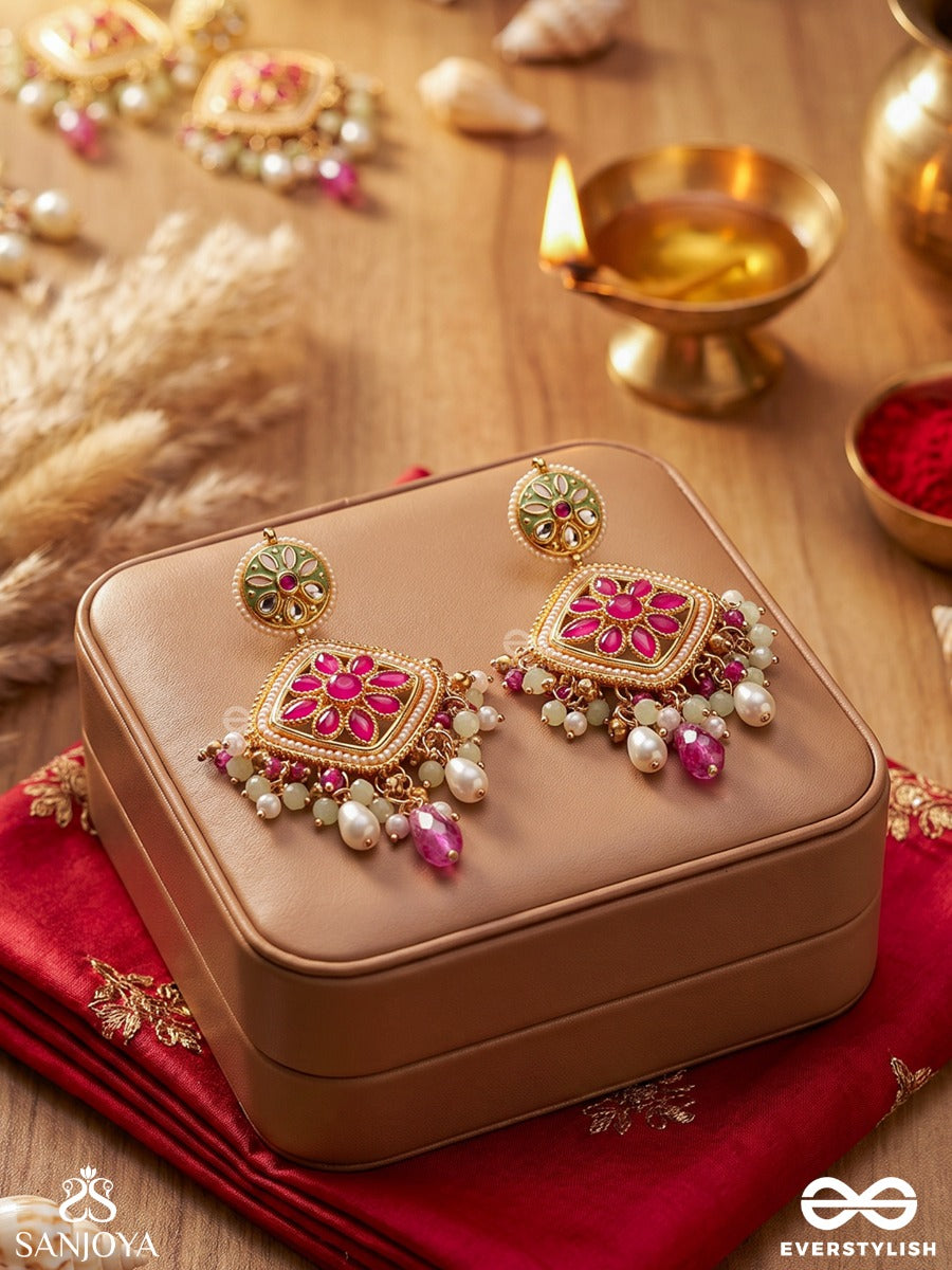 Mriganayika - Graceful Beauty - Statement Earrings With Floral Gem Panel And Dangling Pearl Accents