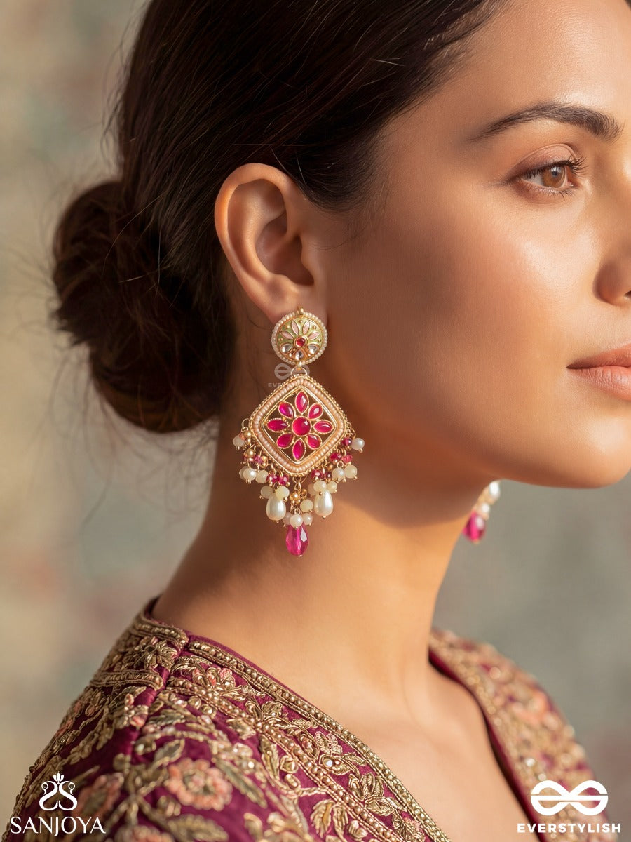 Mriganayika - Graceful Beauty - Statement Earrings With Floral Gem Panel And Dangling Pearl Accents