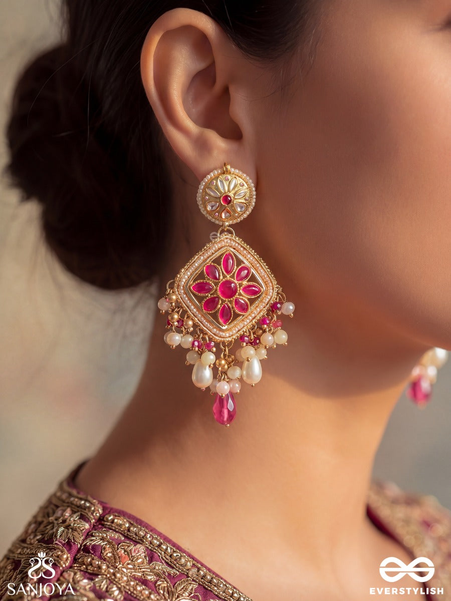 Mriganayika - Graceful Beauty - Statement Earrings With Floral Gem Panel And Dangling Pearl Accents
