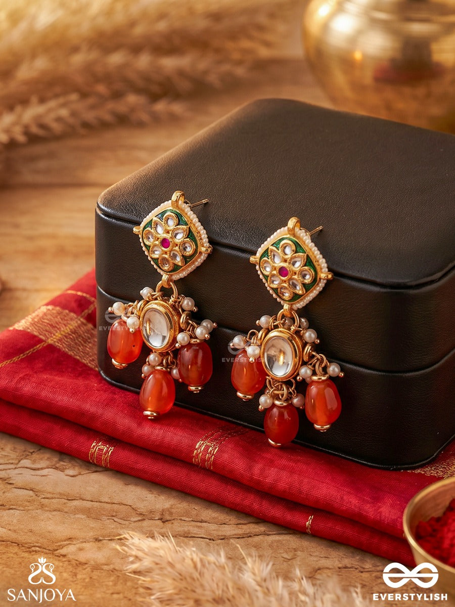 Ratnabindu - Drop Of Jewels - Statement Earrings With Gemmed Panel, Polki Centre And Coral Drop Accents