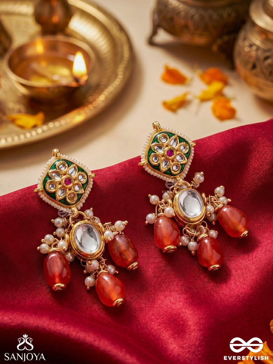 Ratnabindu - Drop Of Jewels - Statement Earrings With Gemmed Panel, Polki Centre And Coral Drop Accents