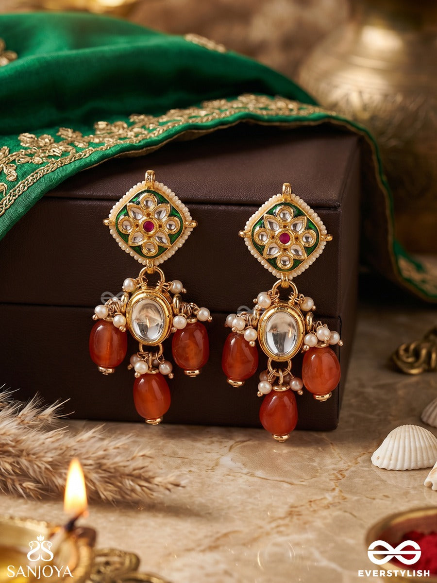 Ratnabindu - Drop Of Jewels - Statement Earrings With Gemmed Panel, Polki Centre And Coral Drop Accents