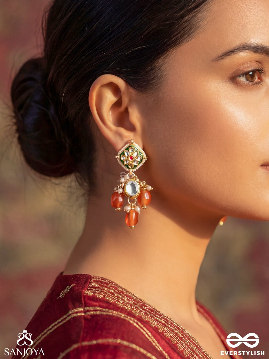 Ratnabindu - Drop Of Jewels - Statement Earrings With Gemmed Panel, Polki Centre And Coral Drop Accents