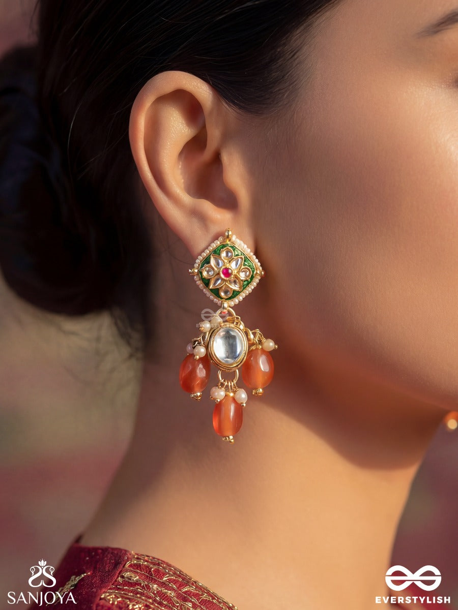 Ratnabindu - Drop Of Jewels - Statement Earrings With Gemmed Panel, Polki Centre And Coral Drop Accents