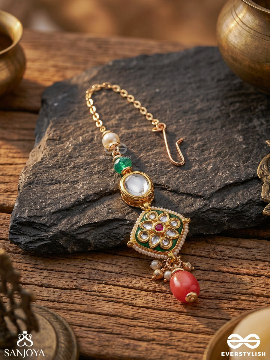 Ratnabindu - Drop Of Jewels - Ornate Maangtika With Gem Panel, Polki Medallion And Dangling Coral Detail