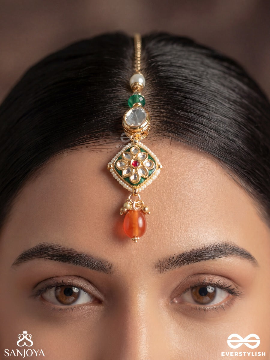 Ratnabindu - Drop Of Jewels - Ornate Maangtika With Gem Panel, Polki Medallion And Dangling Coral Detail