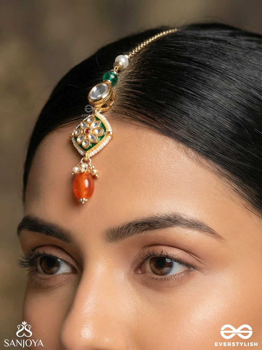 Ratnabindu - Drop Of Jewels - Ornate Maangtika With Gem Panel, Polki Medallion And Dangling Coral Detail