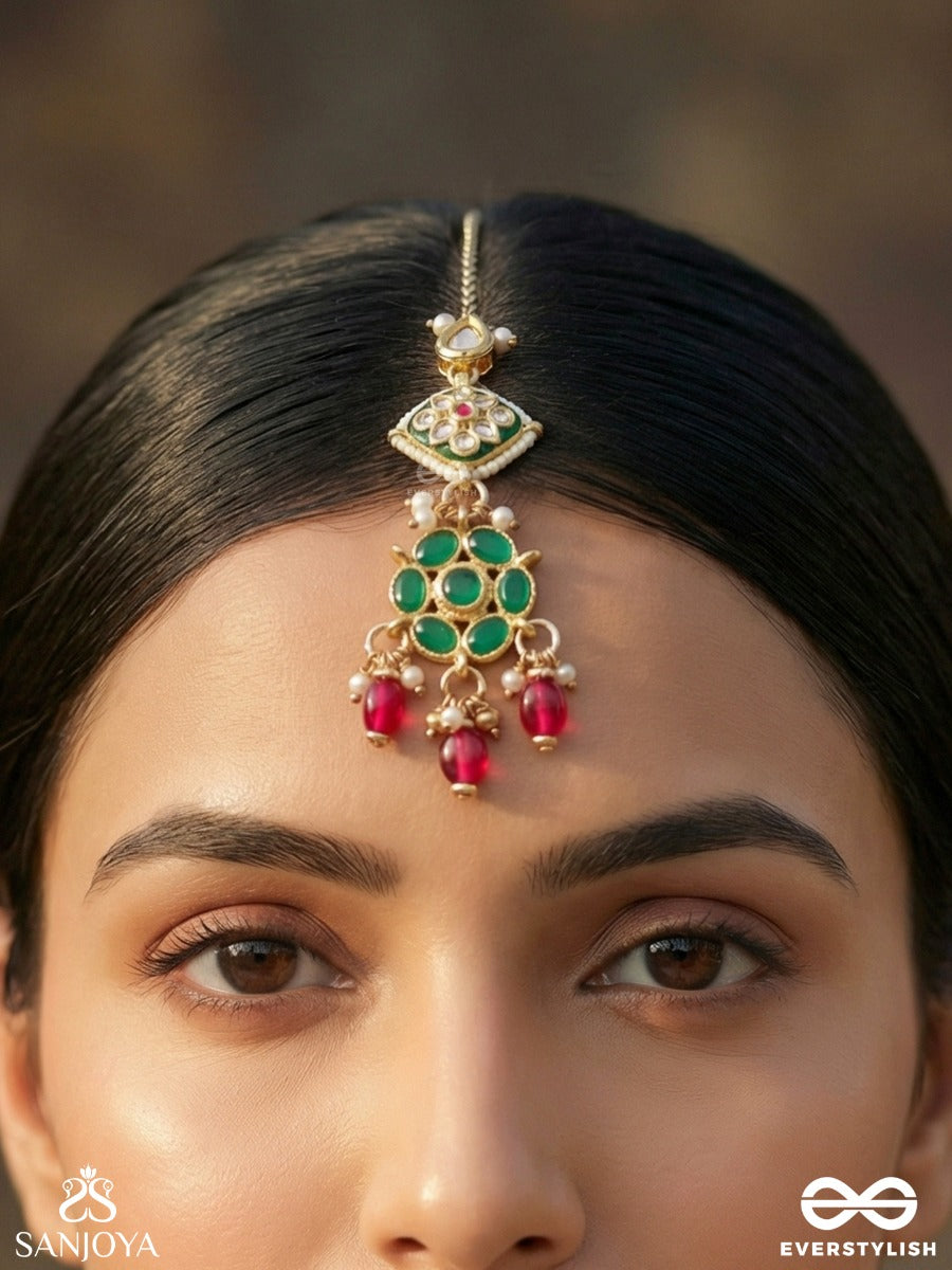 Rangalankara - Ornament Of Colours - Ornate Maangtika With Gemmed Panels, Green Stone Details And Dangling Pearl Drops