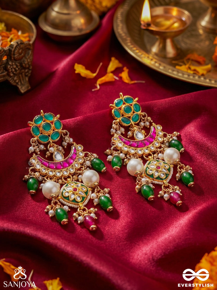 Rangalankara - Ornament Of Colours - Statement Earrings With Enamelled Motifs, Green Stone Clusters And Pearl Drop Accents
