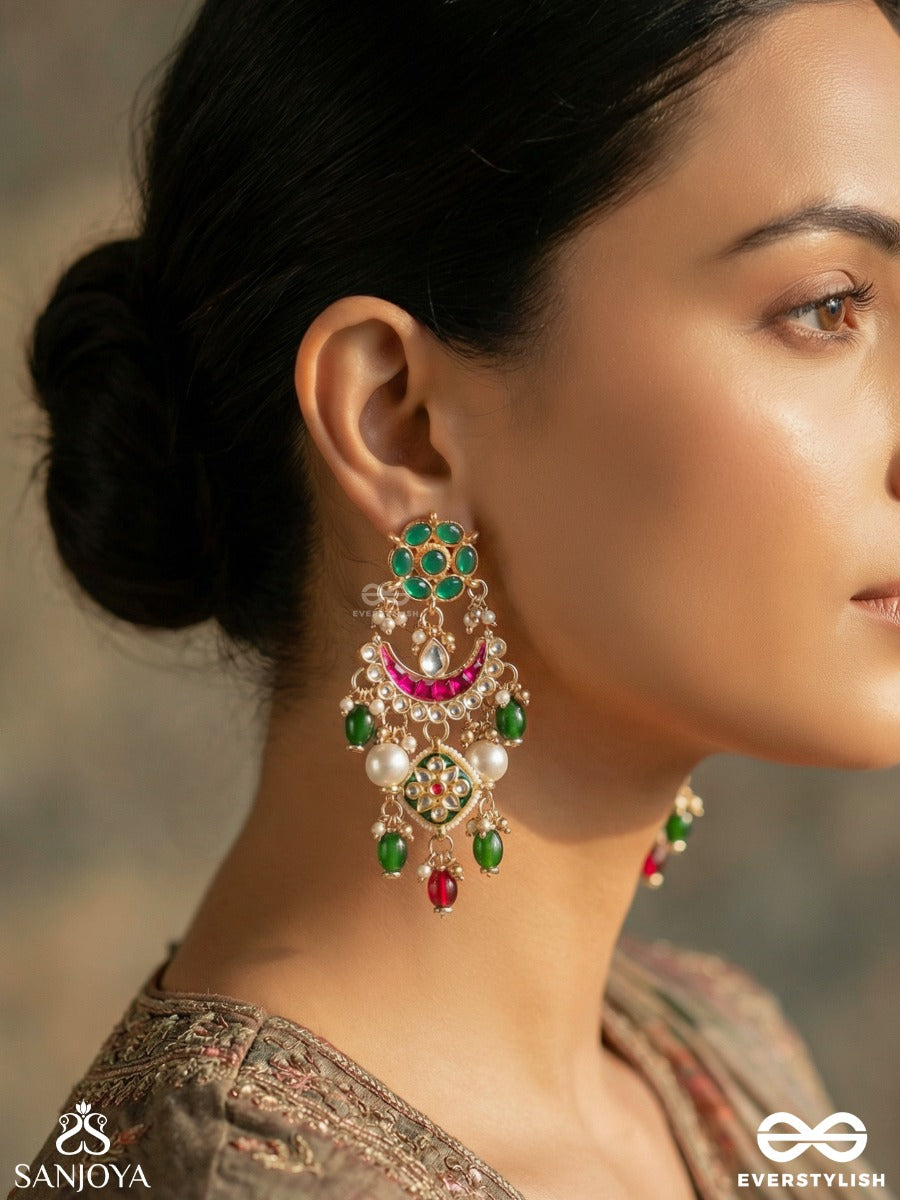 Rangalankara - Ornament Of Colours - Statement Earrings With Enamelled Motifs, Green Stone Clusters And Pearl Drop Accents